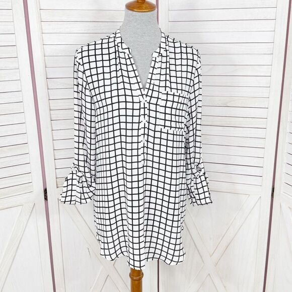 Worthington Windowpane Check Chiffon V Neck Blouse White Black Medium - Picture 1 of 11